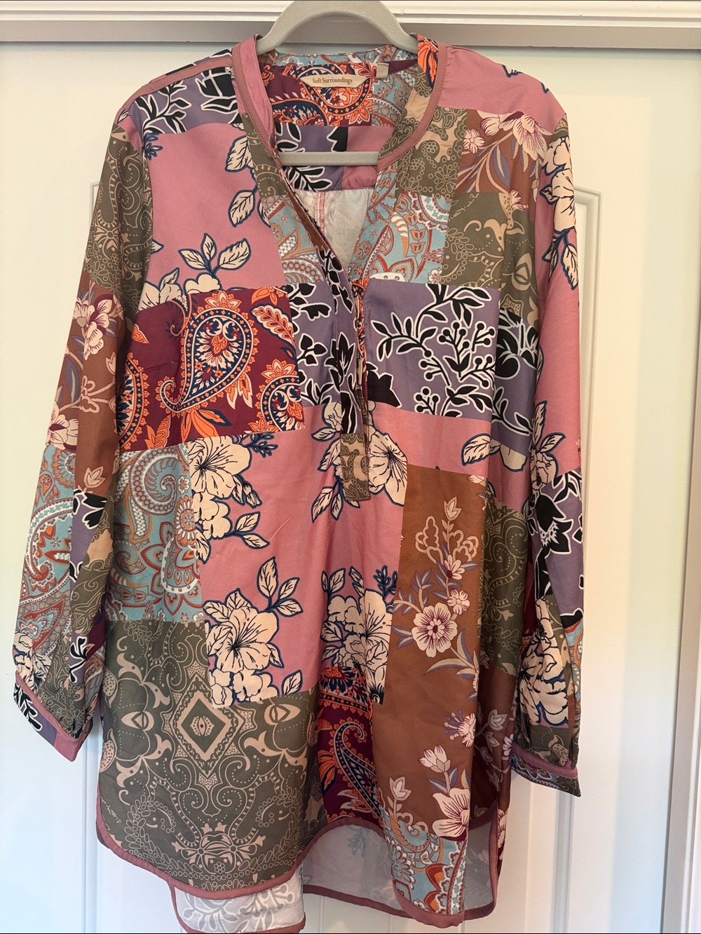 Soft Surroundings Patchwork Floral V-Neck Tunic in Pink, Brown, Purple, Blue